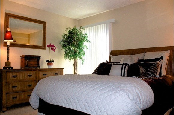 a bedroom with a bed and a dresser