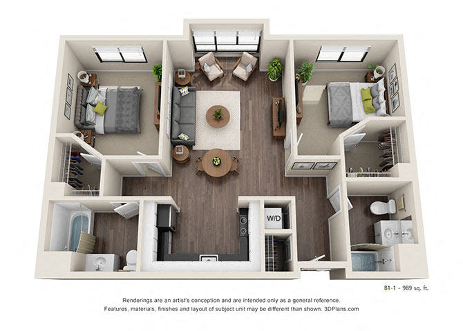 Two Bedroom 989 Sq.Ft. B1 Floorplan at Wilshire Vermont, Koreatown. Los Angeles