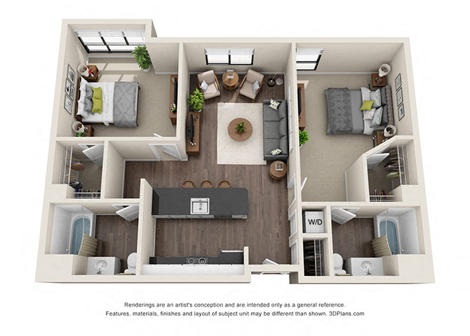 Two Bedroom 1,061 Sq.Ft. Floorplan at Wilshire Vermont, Koreatown