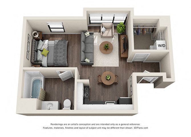 Studio E1 496 Sq.Ft. Floorplan at Wilshire Vermont, Koreatown. Los Angeles, CA 90010