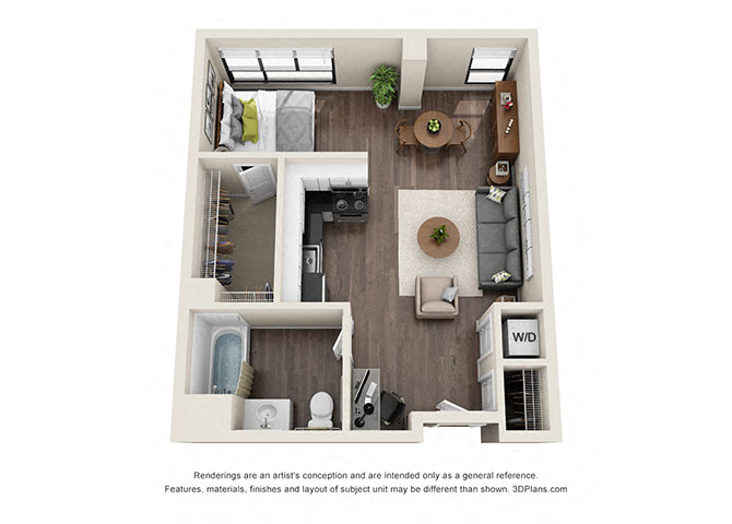 Studio 1 599 Sq.Ft. E3 Floorplan at Wilshire Vermont, Los Angeles, CA 90010