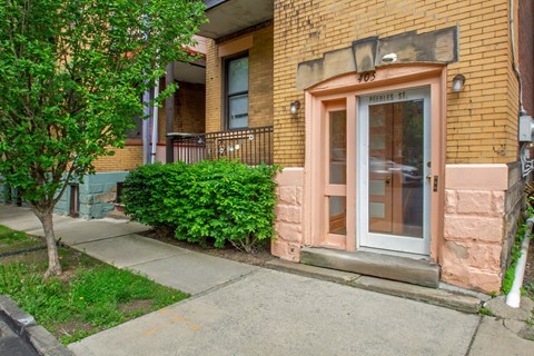 A tree is in front of a building with a door that has a window above it.