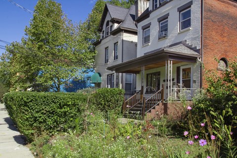 A house with a grey and white facade is surrounded by greenery.
