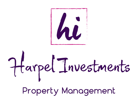 A logo with the text "hi" in a pink square and the words "Harpel Investments Property Management" below it.