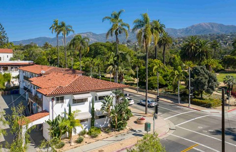 A white house with a red roof is surrounded by palm trees.