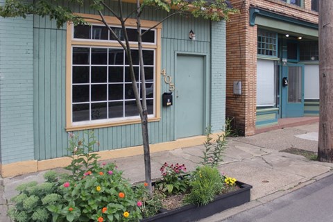A green building with a tree in front of it.