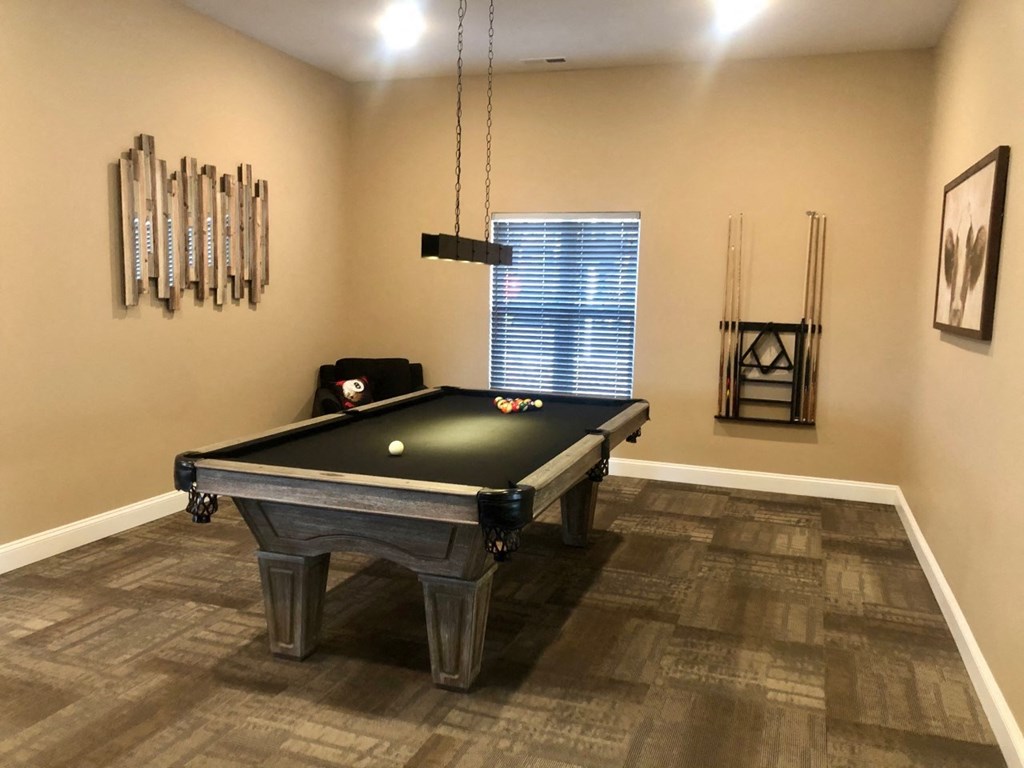a game room with a pool table and a tv