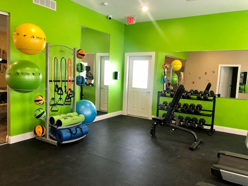 a home gym with green walls and weights and equipment
