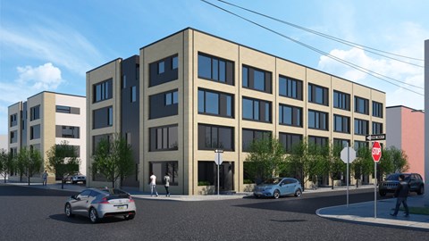 a rendering of a large office building on a city street