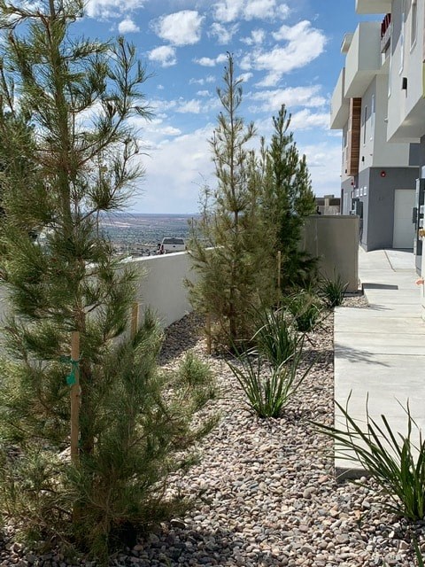 a yard with gravel and trees and a building