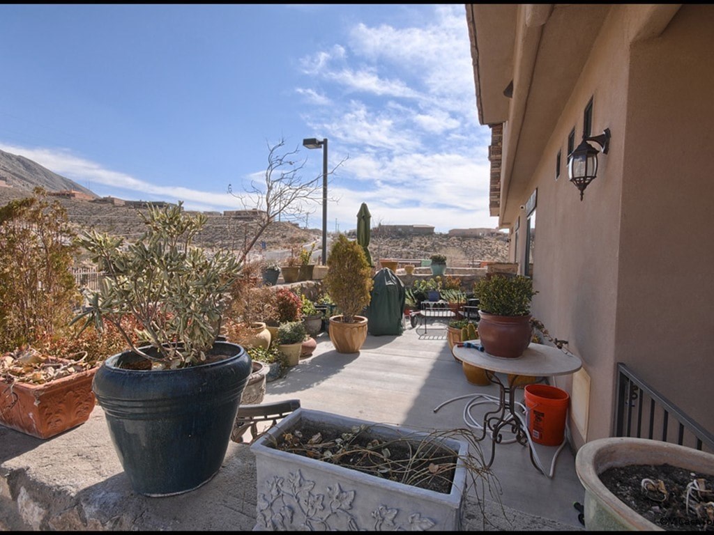A patio with potted plants and a table.