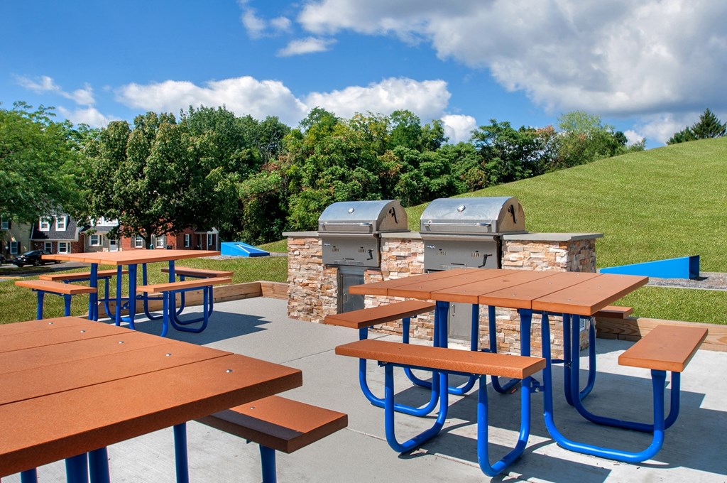 an outdoor picnic area with picnic tables and barbecue pits