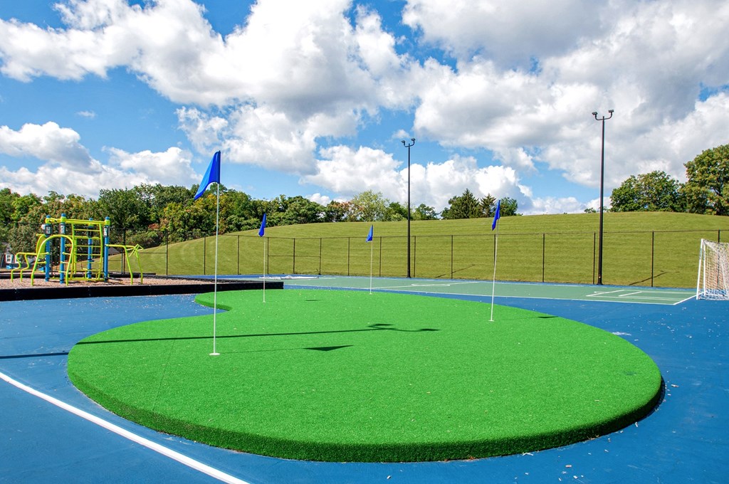 a synthetic tennis court with blue flags on it