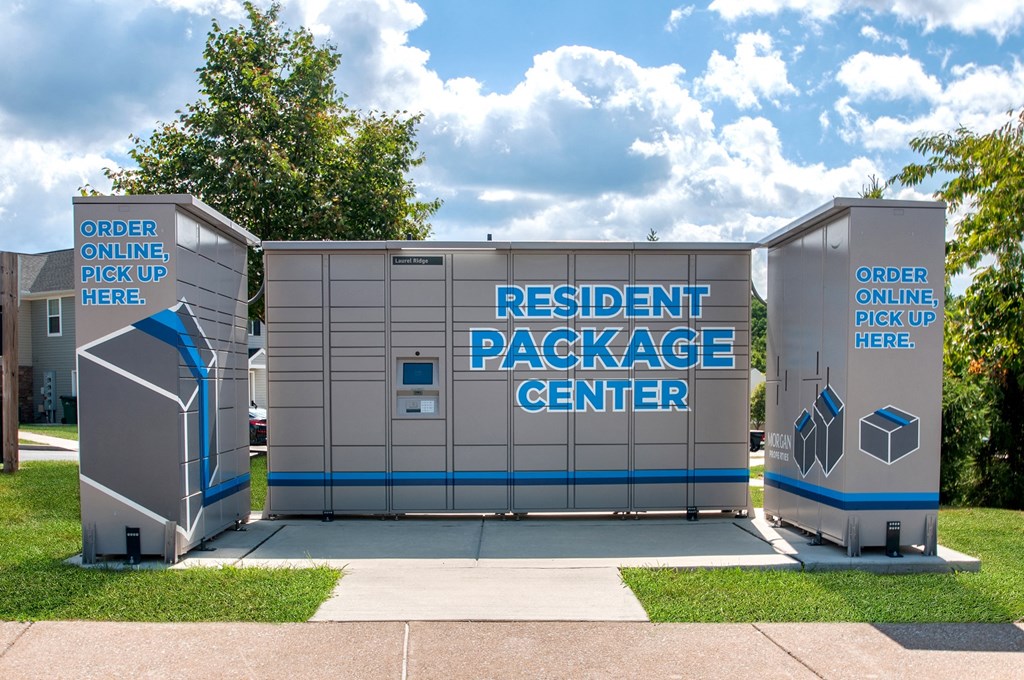 the resident package center is shown in front of a building