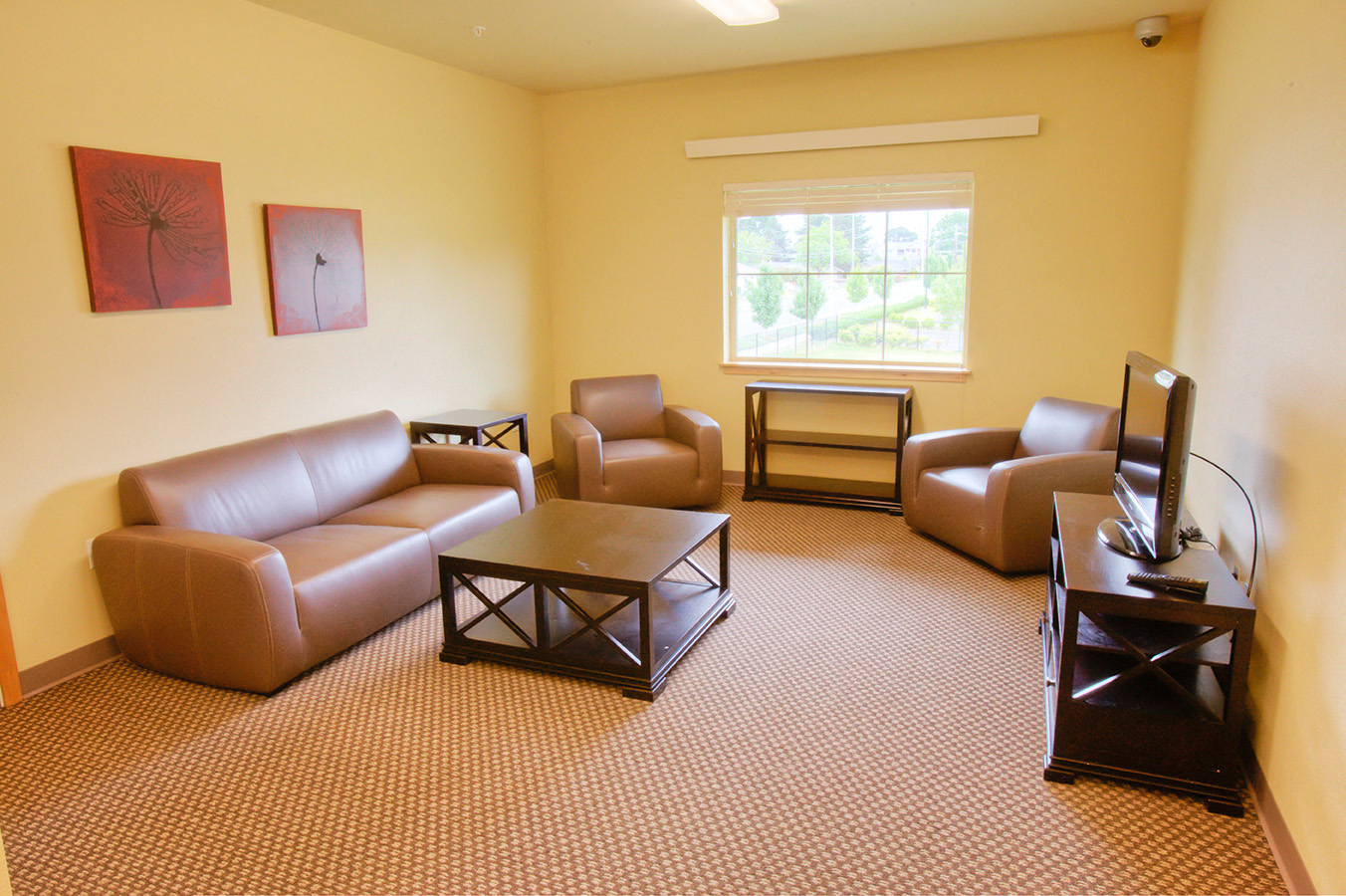 a living room with couches and chairs and a television