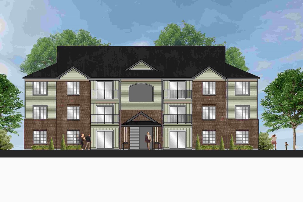 a rendering of a two story apartment building in front of a tree