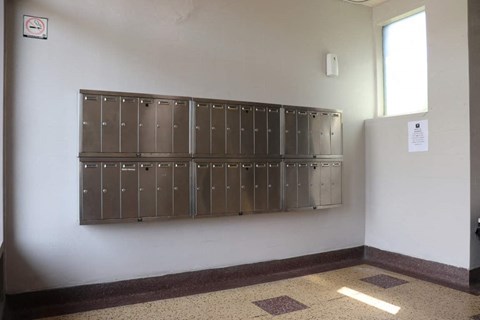 a group of lockers on a wall in a room