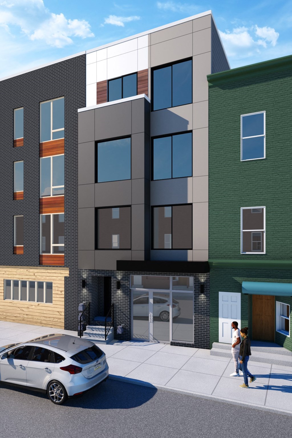 a rendering of a building with a car in front of it