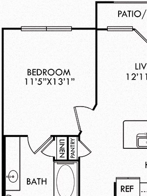 1 Bedroom, 1 Bath Elm apartment with attached garage below. galley style kitchen, Pantry and linen closets, patio or balcony