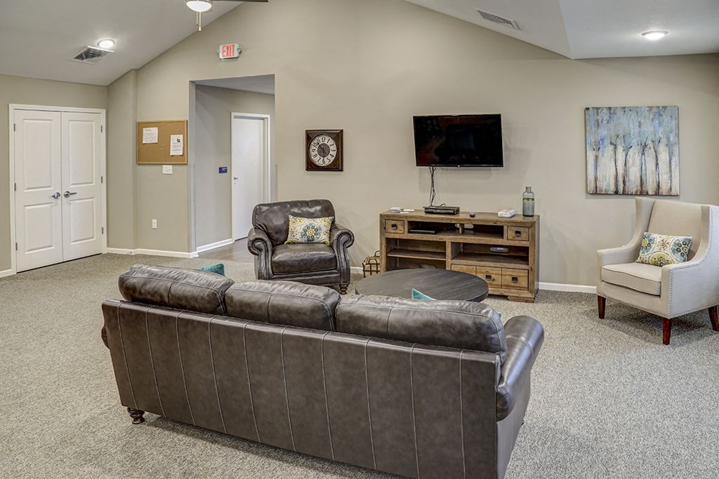 a living room with a couch and chairs and a television