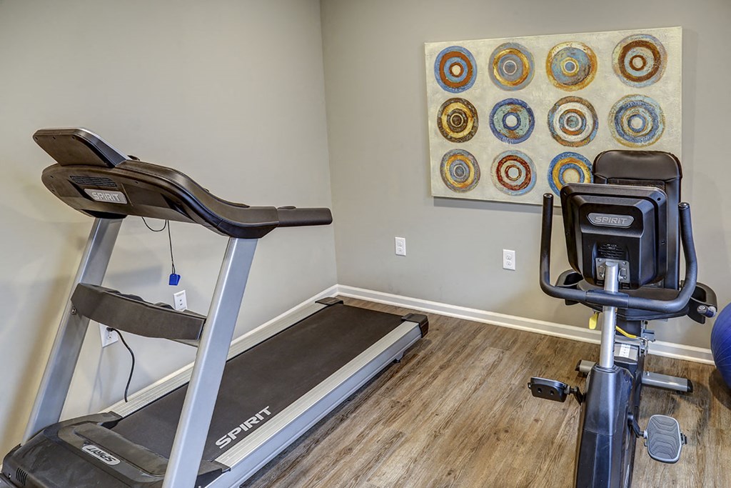 a gym with exercise equipment and a painting on the wall