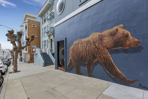 A large bear mural on the side of a building.