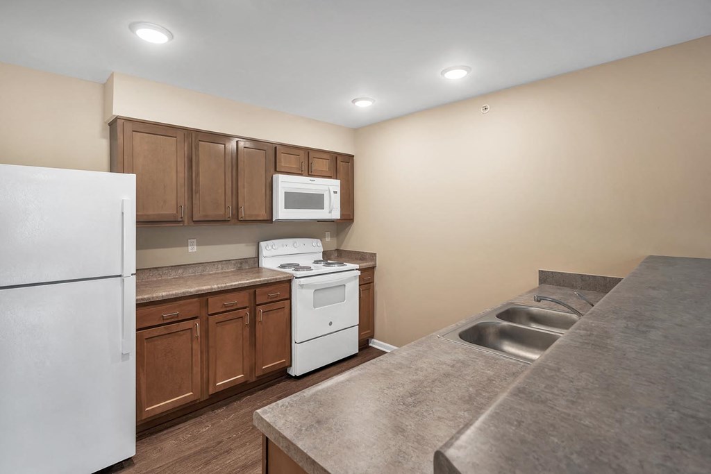 a kitchen with a sink and a stove and a refrigerator