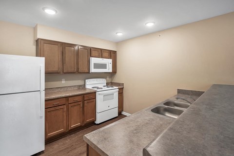 a kitchen with a sink and a stove and a refrigerator