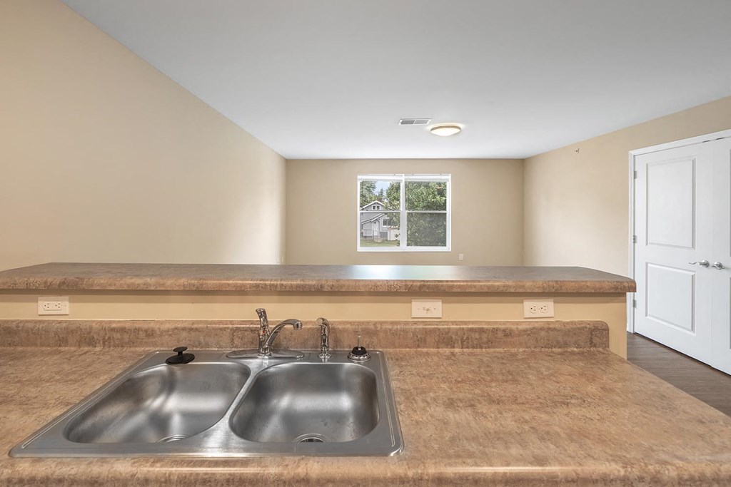 a kitchen with a sink and a counter top and a window
