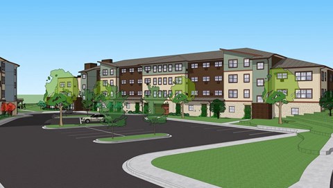 A drawing of a street with apartment buildings on either side.