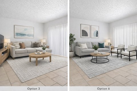 Two images of a living room with different furniture arrangements.