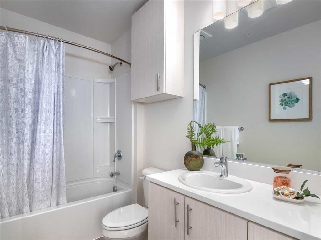 Modern bathrooms with bathtub and shower at Acqua Apartments.