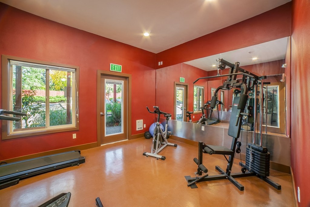 the gym has a lot of exercise equipment and windows