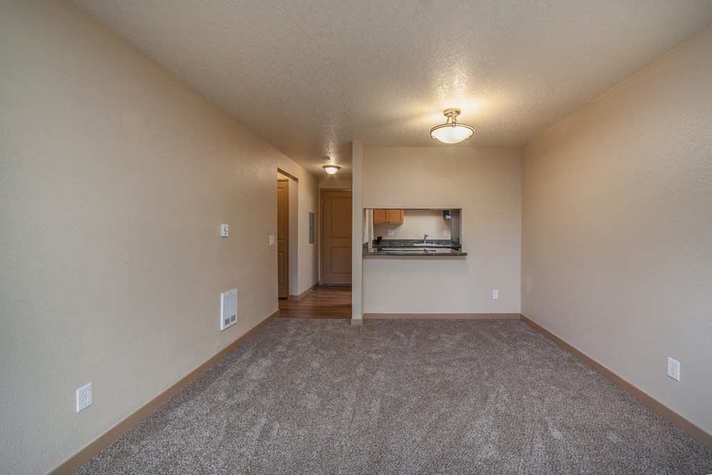 a spacious living room with carpeting and white walls