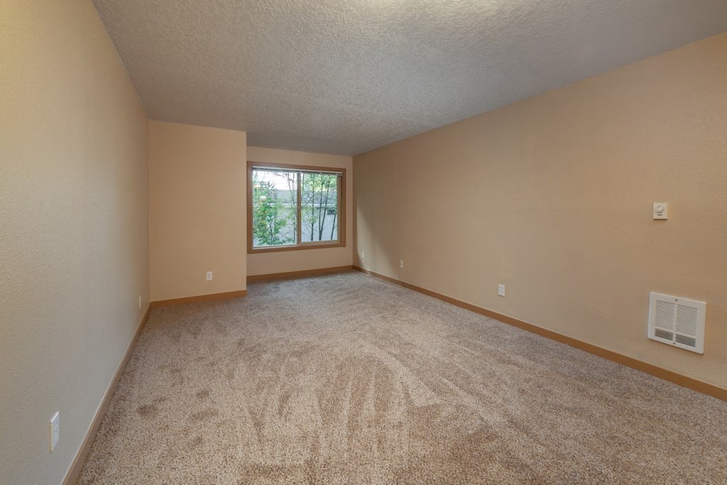 an empty living room with carpet and a window