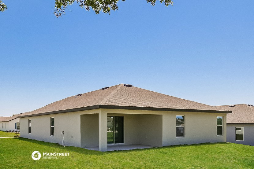 a home with a brown roof and a blue sky
