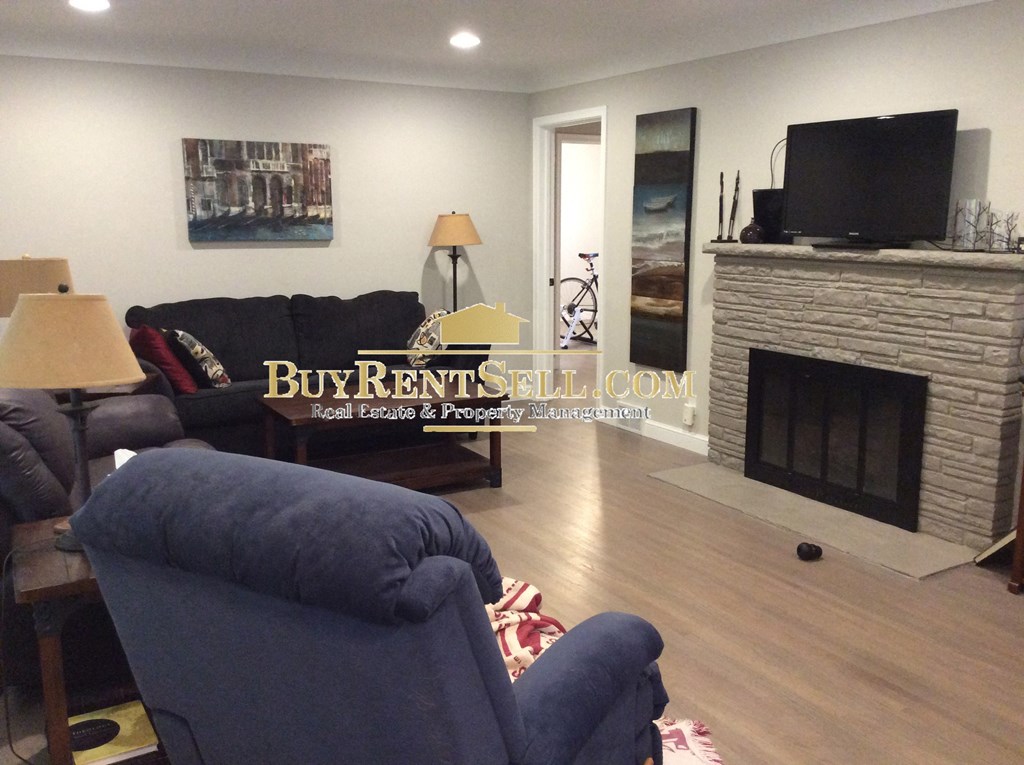 a living room with couches and a fireplace and a tv
