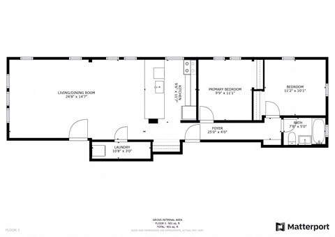 A floor plan of a house with a living room, two bedrooms, a laundry room, and a foyer.