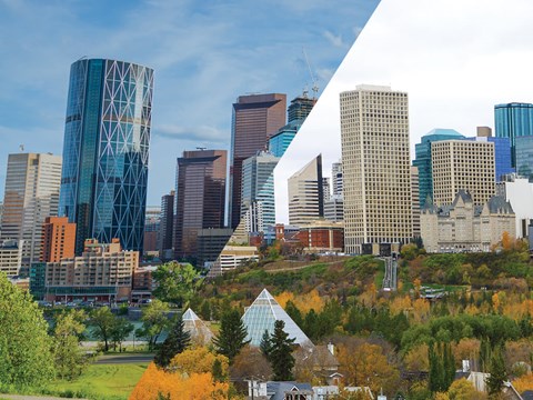 A cityscape with a mix of modern and traditional architecture.