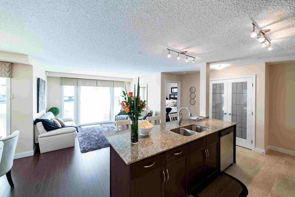 a kitchen with a view of a living room