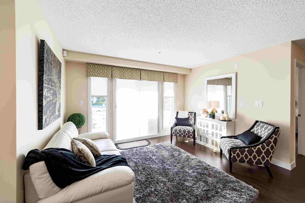 a living room with a couch and chairs and a rug