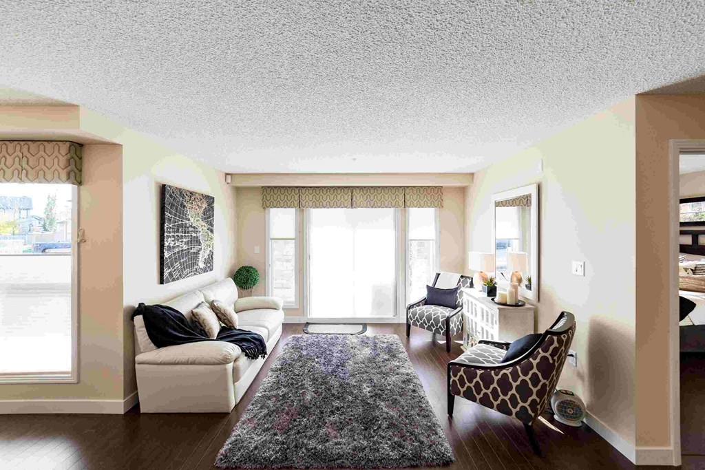 a living room with a couch and chairs and a rug