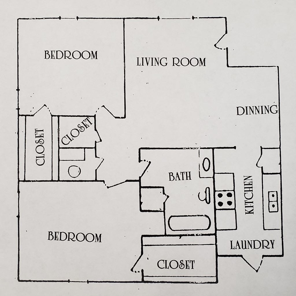 A floor plan of a house with labeled rooms such as bedroom, living room, and kitchen.