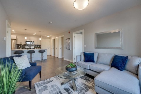 a living room with couches and a glass table