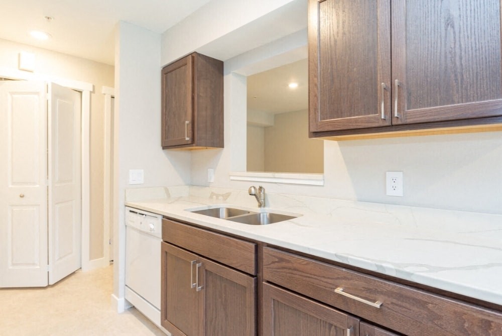 a kitchen with a sink and wooden cabinets