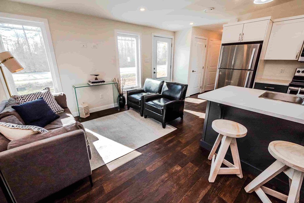 a living room and kitchen in a tiny house