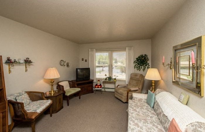 a living room with a couch and chairs and a tv