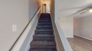 a staircase in a house with carpeted stairs