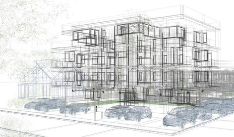 A black and white architectural drawing of a building with cars parked in front.