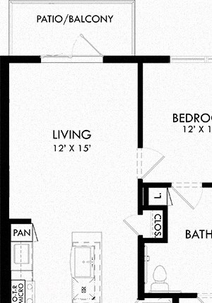 Christopher 1 bedroom, 1 bath. L-shaped kitchen with island and pantry. Patio/Balcony